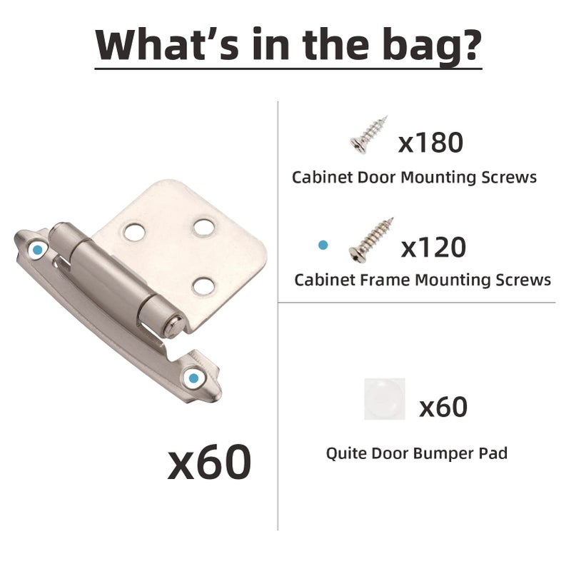 DecoBasics Cabinet Hinges Brushed Nickel for Kitchen Cabinets Doors (30 Pair -60 Pcs) -1/2" Overlay (Variable) -Self Closing Kitchen Cabinet Hinges Flush Mount w/Silicon Bumpers & Hardware Screws - Image 3